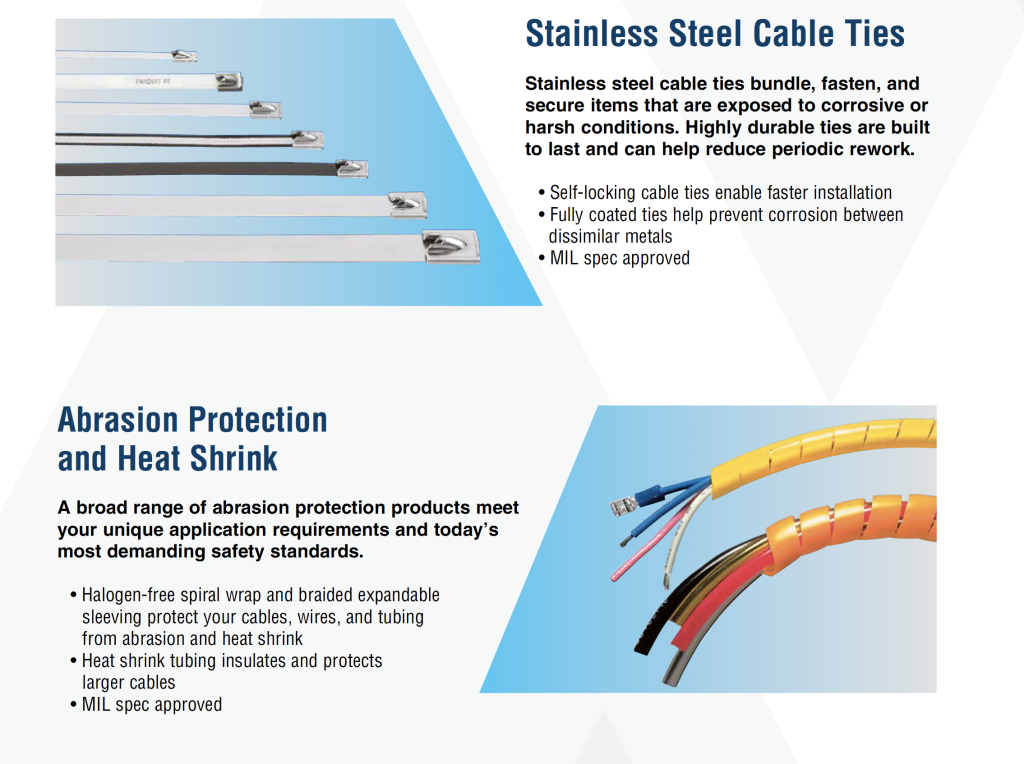 Panduit Stainless Steel Cable Ties and Abrasion Protection product features.