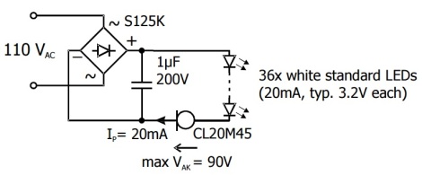 Solution 2: 3-component circuit diagram using Diotec S250 bridge rectifier and CL20M45 CLD.