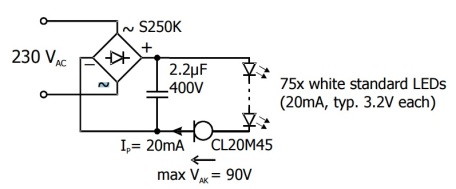 Solution 3: 3-component circuit diagram using Diotec S250 bridge rectifier and CL20M45 CLD.