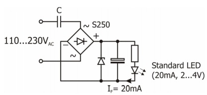 5-component circuit diagram using Diotec S250 bridge rectifier.