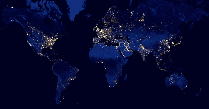 World night map showing highly lit locations.