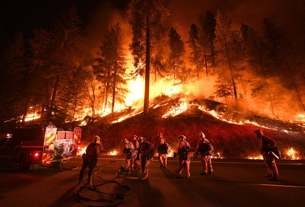 Firefighters scramble to combat a forest fire.