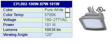 LEDtronics EPL002-100W-XPW-101W LED floodlight and specifications.