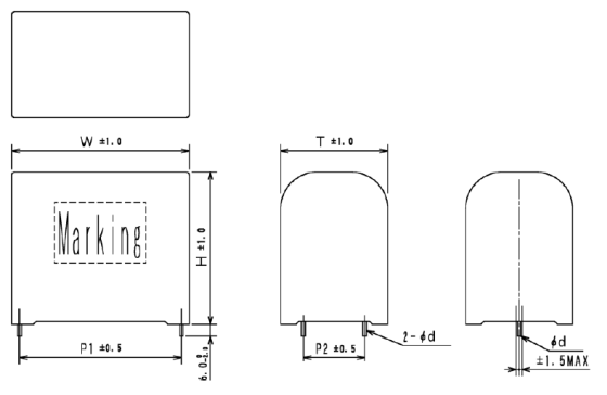 Shizuki MEC-HC series capacitor technical drawing and dimensions.