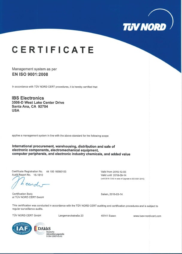 Sample IBS Electronics ISO certificate.