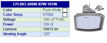 LEDtronics EPL003-200W-XPW-101W LED floodlight and specifications.