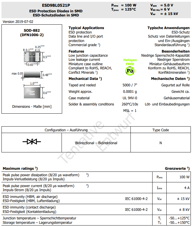 Diotec ESD9BL0521P ESD Protection diode specifications.
