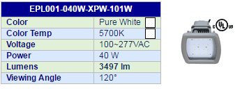 LEDtronics EPL001-040W-XPW-101W LED floodlight and specifications.