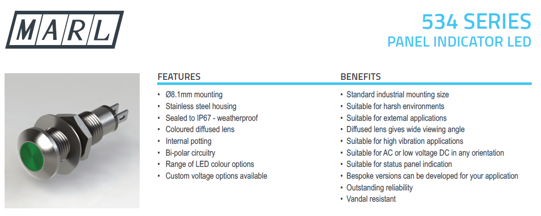 Marl 534 Series LED features and benefits.