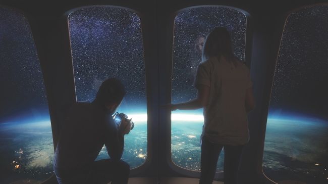 Artist's illustration of tourists viewing the Earth from Spaceship Neptune.