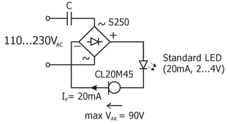 Solution 1: 3-component circuit diagram using Diotec S250 bridge rectifier and CL20M45 CLD.