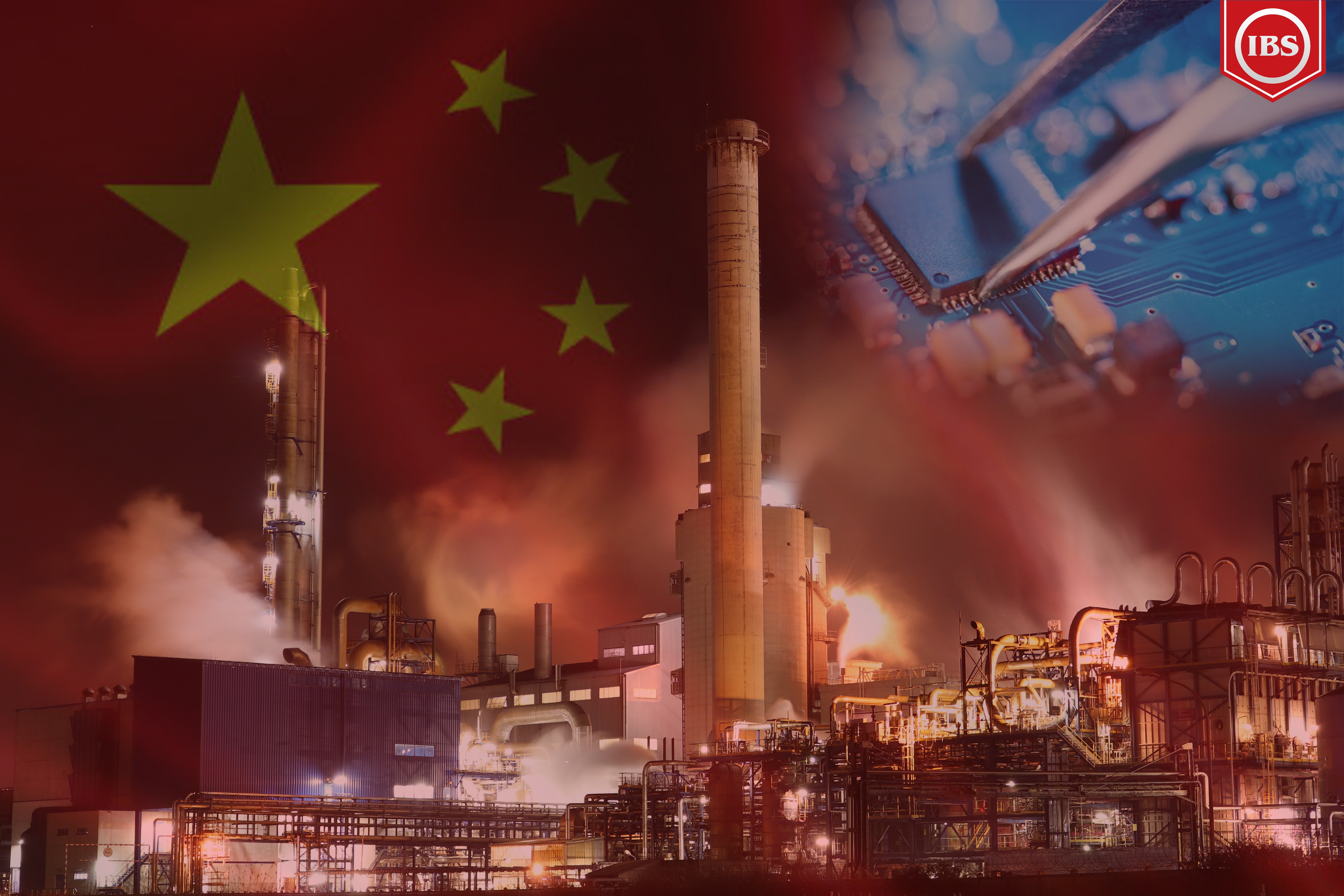 Composite image of the Chinese flag, a factory, and a board.
